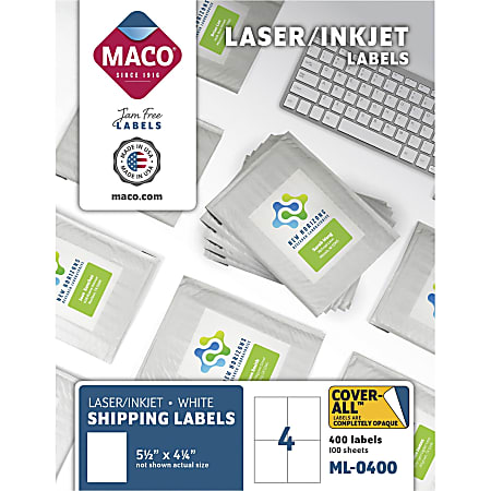 MACO® Shipping Labels For Laser/Inkjet Printers, MML-0400, Rectangle, 5 1/2" x 4 1/4", White, Box Of 400