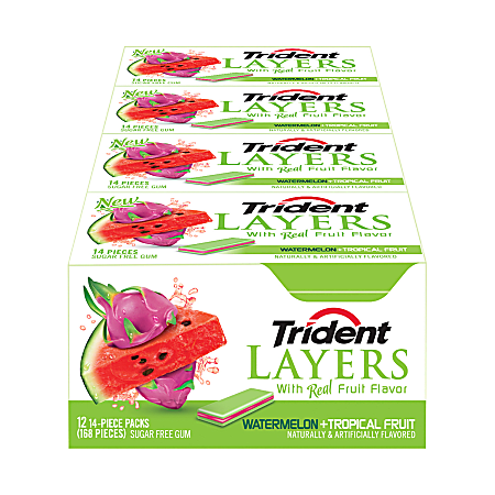 Trident® Layers Watermelon And Tropical Fruit Gum, 14 Pieces Per Pack, Box Of 12 Packs