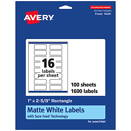 Avery® Permanent Labels With Sure Feed®, 94201-WMP100, Rectangle, 1" x 2-5/8", White, Pack Of 1,600