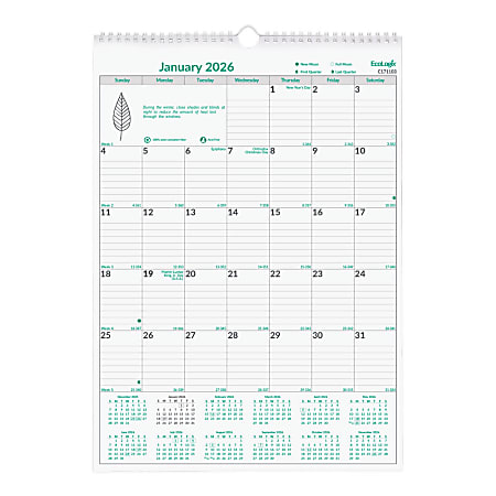 2026 Brownline EcoLogix Monthly Wall Calendar, 12" x 17", 100% Recycled, Green/White, January to December, C171103