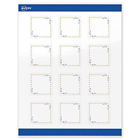 Avery® Print-To-The-Edge Labels With Sure Feed® Technology, S00-DN5-PRWGP10, Square, 2" x 2", Glossy White, Preprinted Green Florals with Gold Dots Design, Pack Of 120