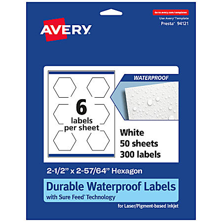 Avery® Waterproof Permanent Labels With Sure Feed®, 94121-WMF50, Hexagon, 2-1/2" x 2-57/64", White, Pack Of 300