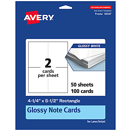 Avery® Printable Note Cards, 4-1/4" x 5-1/2" Rectangle, Glossy White, Pack Of 100