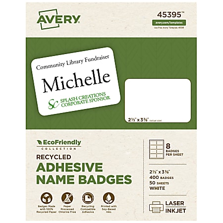 Avery® EcoFriendly 100% Recycled Name Badges, 2 1/3" x 3 3/8", White, Pack Of 400