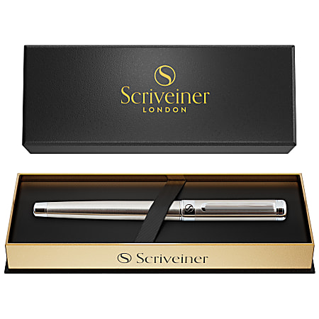 Scriveiner Classic Rollerball Pen Stainless Steel with Chrome Appointments, Medium Point, 0.7 mm, Black Ink, Steel Barrel
