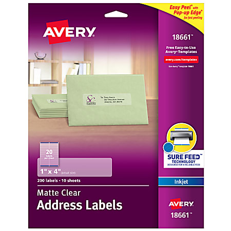 Avery® Matte Clear Address Labels, Sure Feed(TM) Technology, Inkjet, 1" x 4", 200 Labels (18661)