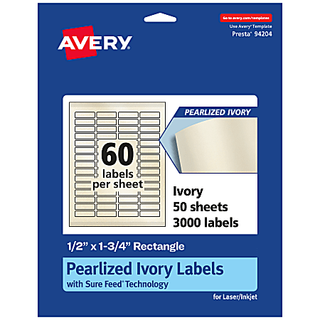 Avery® Pearlized Permanent Labels With Sure Feed®, 94204-PIP50, Rectangle, 1/2" x 1-3/4", Ivory, Pack Of 3,000 Labels