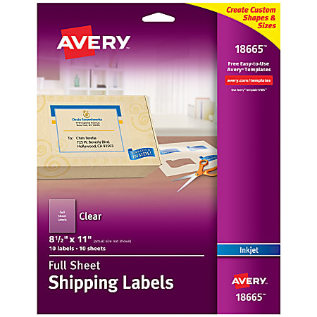 Avery® Easy Peel® Permanent Address Labels, Shipping, 18665, 8 1/2" x 11", Matte Clear, Box Of 10