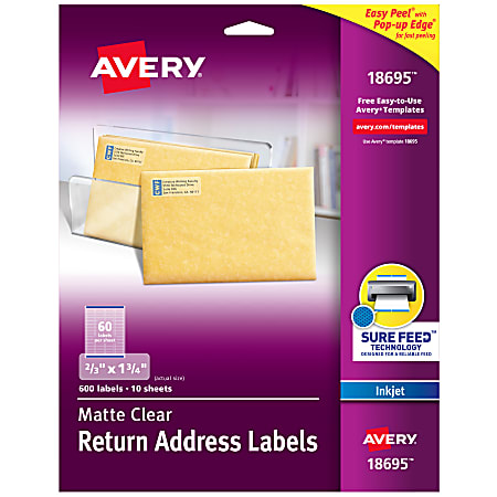 Avery® Matte Return Address Labels With Sure Feed® Technology, 18695, Rectangle, 2/3" x 1-3/4", Clear, Pack Of 600