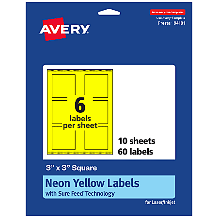Avery® Print-To-The-Edge Labels With Sure Feed® Technology And Easy Peel® Label Feature, 94101-NYP10, Square, 3" x 3", Matte Neon Yellow, Pack of 60