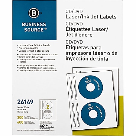 Business Source CD/DVD Labels - 4 5/8" Diameter - Permanent Adhesive - Circle - Inkjet, Laser - White - 300 / Pack