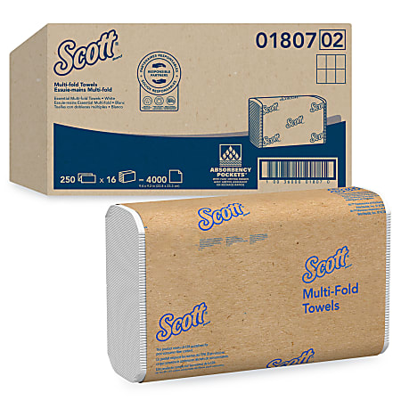 Scott® 70% Recycled Fiber Multifold Paper Towels, 9.2" x 9.4", White, 250 Towels Per Pack, Carton Of 16 Packs