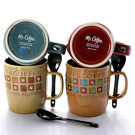 Mr. Coffee Mug And Spoon Set Cafe Americano 13 Oz. Assorted Colors Set Of 4 Mugs With Spoons Office Depot