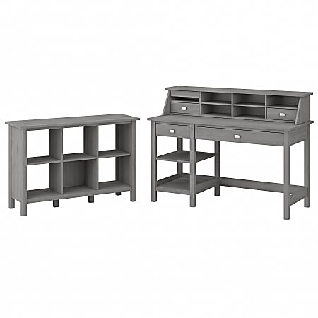 Bush Furniture Broadview 54"W Computer Desk With Shelves, Desktop Organizer And 6-Cube Bookcase, Modern Gray, Standard Delivery
