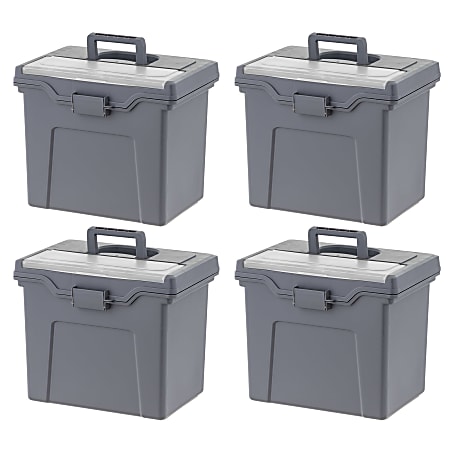 IRIS Portable Plastic File Boxes with Organizer Lids, Letter Size, Gray, Total Qty 4