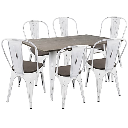 Lumisource Oregon Industrial Farmhouse Dining Table With 6 Dining Chairs, Vintage White/Espresso