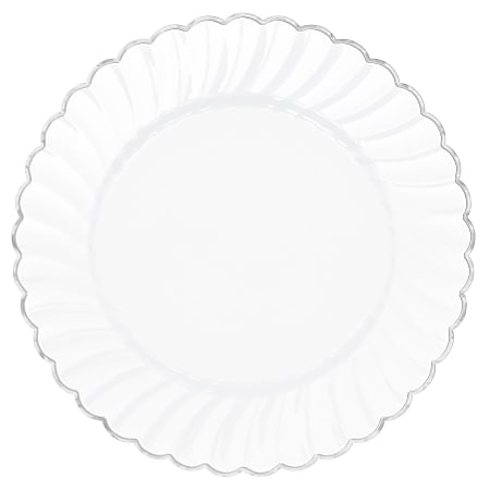 Amscan Scalloped Premium Plastic Plates With Trim, 10-1/4", White/Silver, Pack Of 10 Plates