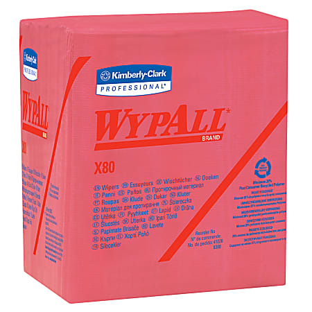 Wypall X80 Wipers, 1/4 Fold, Hydroknit, 12 1/2" x 12", Red, Pack of 50