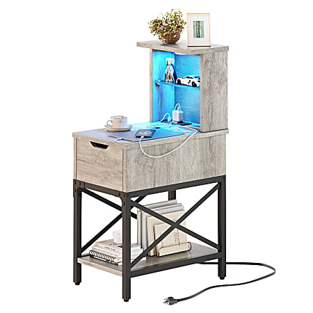 Bestier LED Rectangular Night Stand With USB Ports, Charging Station & Drawer, 37-5/8”H x 14-1/16”W x 21-11/16”D, Retro Gray
