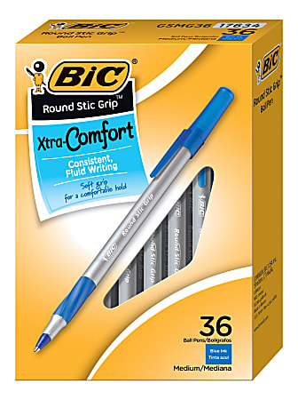 BIC® Round Stic Grip Ballpoint Pens, Medium Point, 1.2 mm, Blue Ink, Pack Of 36 Pens