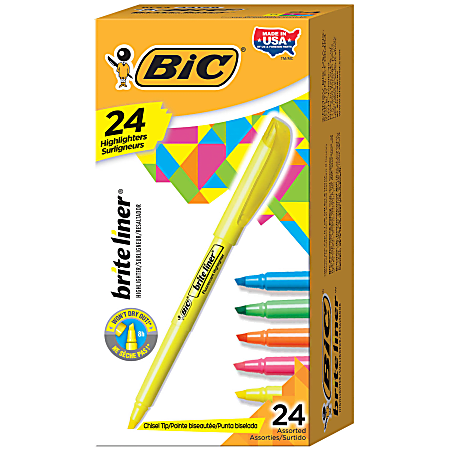 BIC® Brite Liner® Highlighters Pocket Style, Chisel Tip, Assorted, Box Of 24