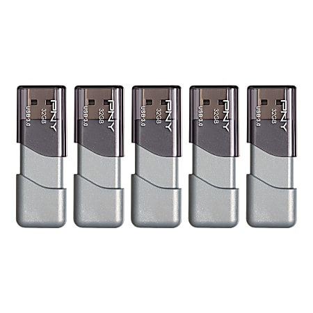 PNY Turbo Attaché 3 USB 3.0 Flash Drives, 32GB, Silver, Pack Of 5 Drives