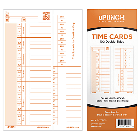 uPunch Time Cards For PK1100 Time Clock, 3-7/16" x 8-1/4", Pack Of 100 Cards