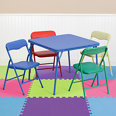Flash Furniture Kids' Colorful Folding Square Table With 4 Folding Chairs, 24"W x 24"D, Blue/Assorted Colors