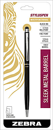 Zebra® Retractable Ballpoint Pen With Stylus, Fine Point, 0.7 mm, Black Barrel, Black Ink