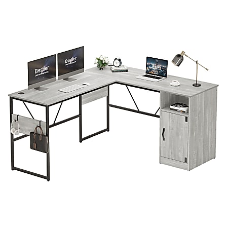 Bestier Reversible 60"W Corner Computer Desk With Storage Cabinet & Accessory Hooks, White Wash