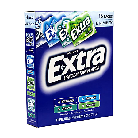 Wrigley's Extra Sugar-Free Gum, Assorted Flavors, 15 Sticks Per Pack, Box Of 18 Packs 