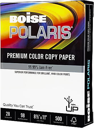 Boise® POLARIS® Premium Color Copy Paper, Letter Size (8 1/2" x 11"), 98 (U.S.) Brightness, 28 Lb, FSC® Certified, Ream Of 500 Sheets