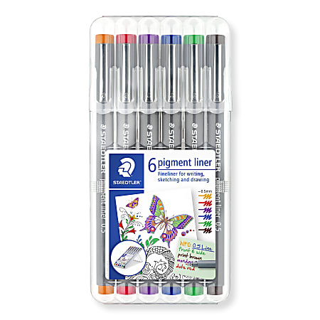 Staedtler® Pigment Liner Sketch Pens, Fine Point, 0.5 mm, Black Barrels, Assorted Inks, Pack Of 6 Pens