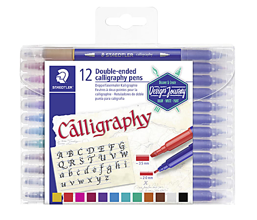 Staedtler Duo-Ended Markers, Calligraphy, 2.0 mm/3.5 mm, Blue Barrels, Assorted Ink Colors, Pack Of 12 Pens