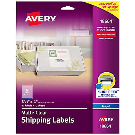 Avery® Easy Peel® Clear Inkjet Shipping Labels, 18664, 3 1/3" x 4", Pack Of 60