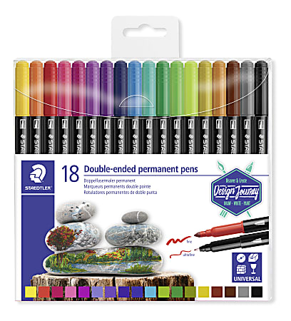 Staedtler Duo-Ended Markers, Fine/Ultra-Fine Points, Black Barrels, Assorted Ink Colors, Pack Of 18 Markers