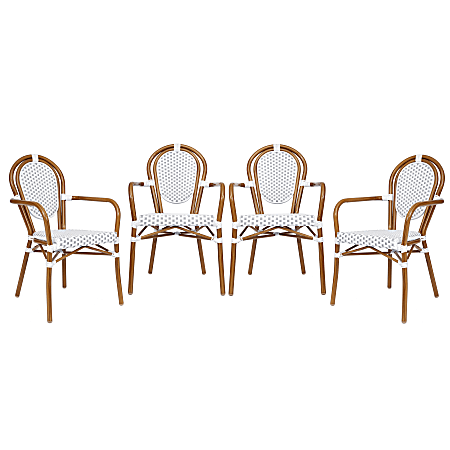 Flash Furniture 4 Pack Lourdes Indoor/Outdoor Commercial Thonet Bistro Stacking Chair with Arms, White & Gray/Natural Frame -4SDA6422AWGYN