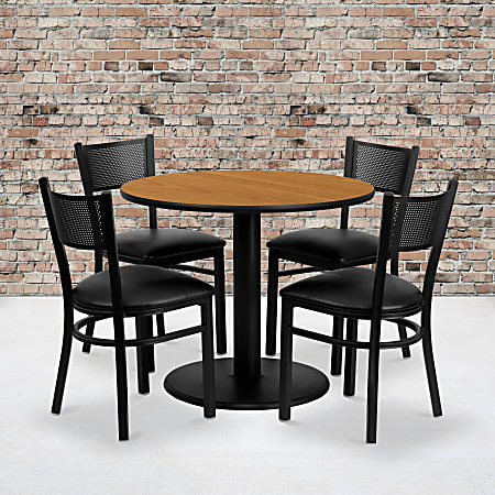 Flash Furniture Round Laminate Table Set With 4 Grid-Back Metal Chairs, 30"H x 36"W x 36"D, Natural