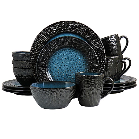 Elama Estevan 16-Piece Round Textured Stoneware Dinnerware Set, Charcoal/Blue