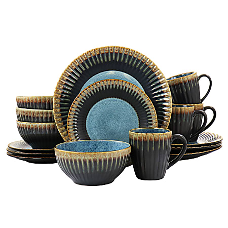 Elama Tavilla 16-Piece Round Stoneware Dinnerware Set, Brown/Blue