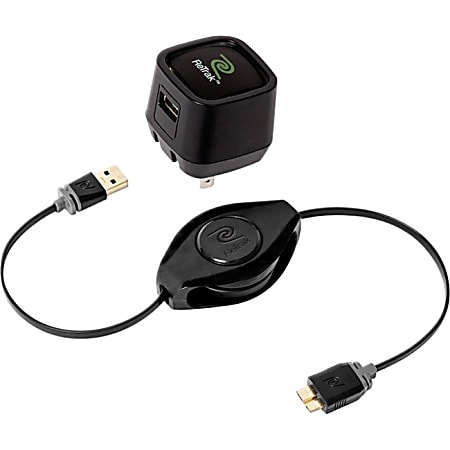 ReTrak 2.4 Amp Black Wall Charger + Retractable Premier Galaxy Charge & Sync Cable