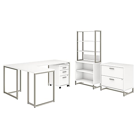 kathy ireland® Office by Bush Business Furniture Method 72"W L Shaped Desk with 30"W Return, File Cabinets and Bookcase, White, Standard Delivery