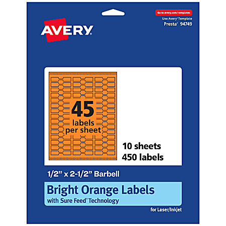 Avery® Printable Labels With Sure Feed® Technology, 94749-BOP10, Barbell, 1/2" x 2-1/2", Matte Bright Orange, Pack of 450