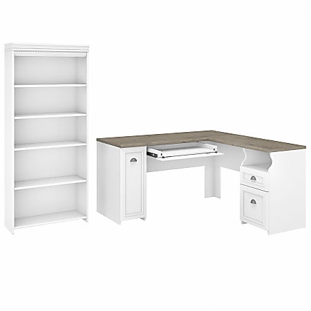 Bush Business Furniture Fairview 60"W L-Shaped Corner Desk With 5-Shelf Bookcase, Shiplap Gray/Pure White, Standard Delivery