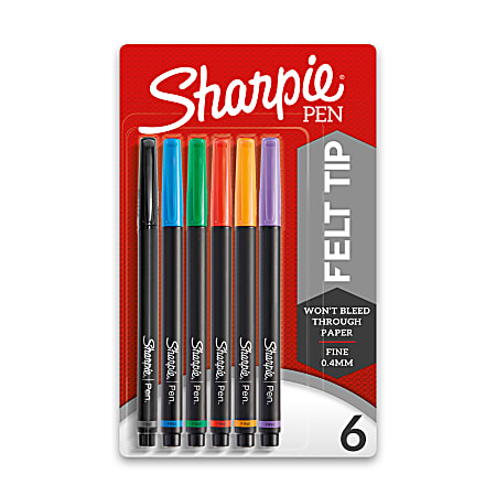 Sharpie® Pens, Fine Point, 0.4 mm, Black Barrels, Assorted Ink Colors, Pack  Of 6