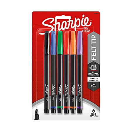 Sharpie® Pens, Fine Point, 0.4 mm, Black Barrels, Assorted Ink Colors, Pack  Of 6