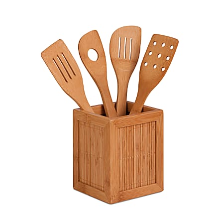 Honey-Can-Do Bamboo Kitchen Caddy With 4 Utensils, 5 15/16"H x 4 3/4"W x 4 3/4"D