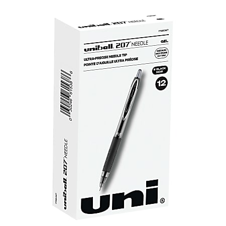uni-ball® 207™ Retractable Fraud Prevention Gel Pens, Needle Point, 0.7 mm, Translucent Black Barrels, Black Ink, Pack Of 12
