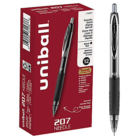 uni-ball® 207™ Retractable Fraud Prevention Gel Pens, Needle Point, 0.7 mm, Translucent Black Barrels, Black Ink, Pack Of 12