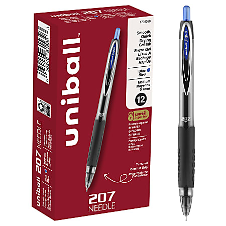 uni-ball® 207™ Retractable Fraud Prevention Gel Pens, Needle Point, 0.7 mm, Translucent Black Barrels, Blue Ink, Pack Of 12